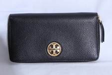 Tory Burch Carson Zip Around Continental Wallet Black Pebbled Leather Gold 7.5x4
