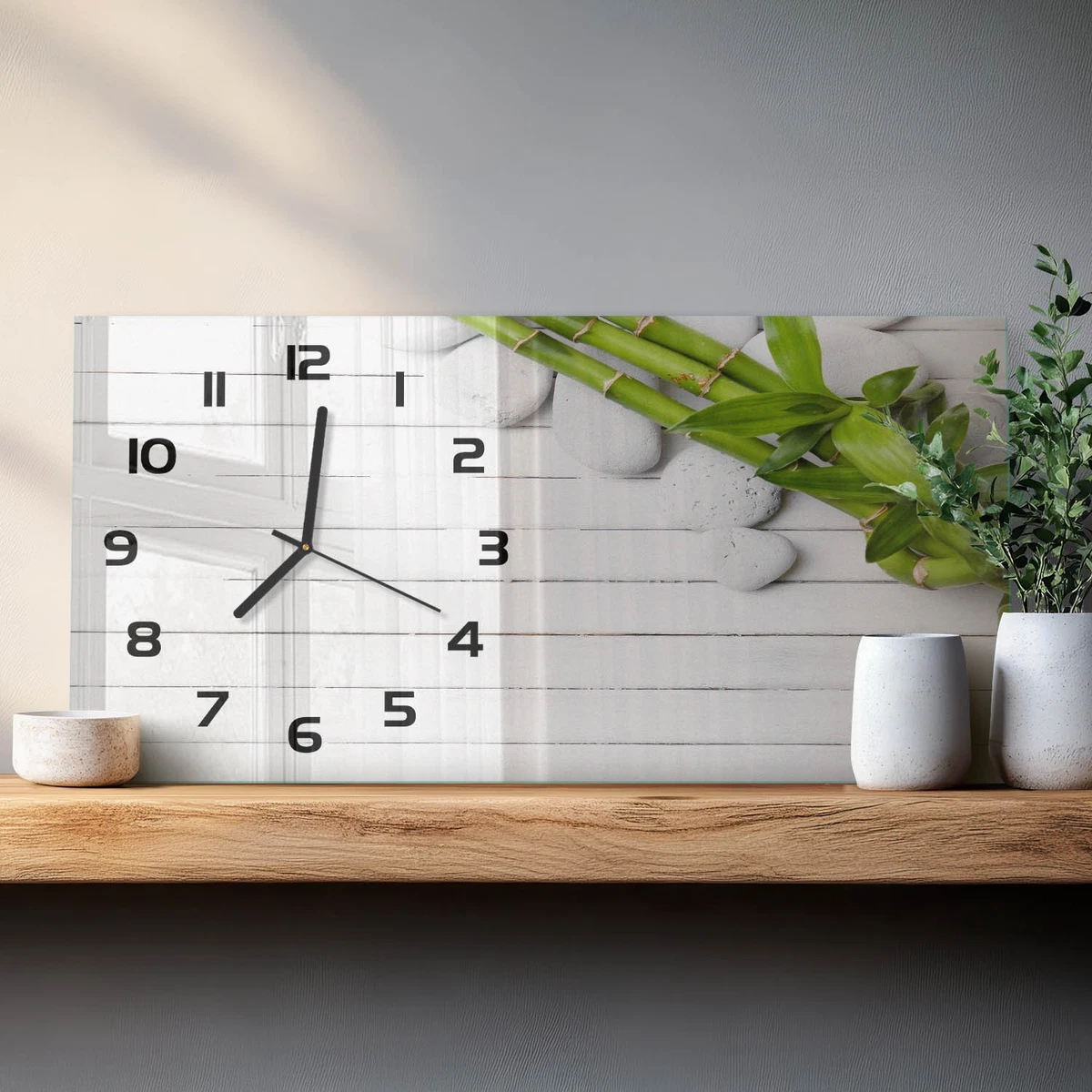 Reloj de Pared Rectangular Horizontal Diseño Elegante de Vidrio Bambú 60x30 cm