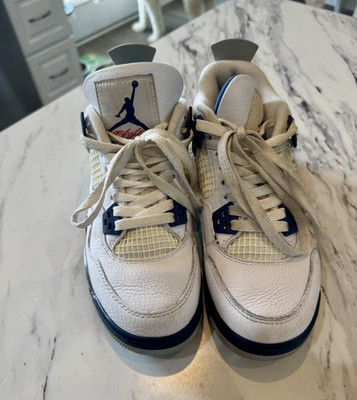 Jordan Air Jordan 4 Mid Top Leather Lace-Up Sneakers White/Blue/Gray