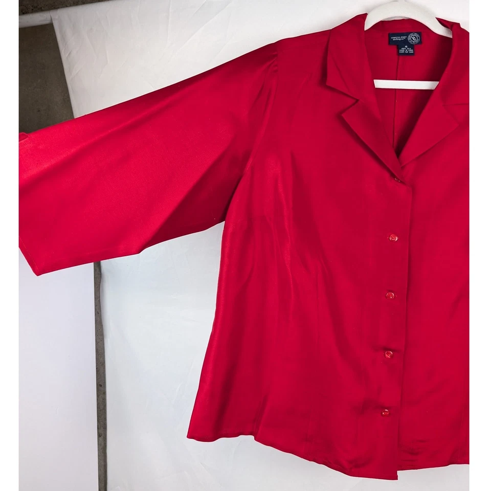 Blusa Top Vintage 100% Seda Venezia Jeans Rojo Cuello Botón Manga 3/4 16 XL Foto 2 de 4