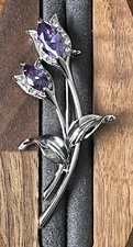 Purple & Silver Tone Flower Stem Leaf Brooch Statement Elegant Costume Jewellery