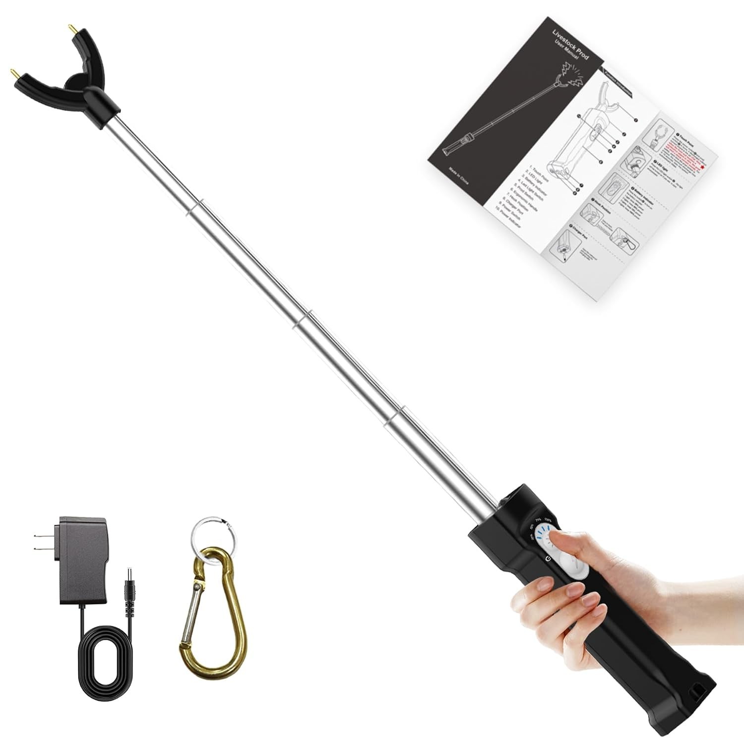 Cattle Prod Rechargeable with Led Light, Waterproof Cattle Prod Stick, Retractab