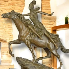Bronze Warrior Horse Sculpture Woman Statue Marble Deco Art RIDING Rare Gift Lad