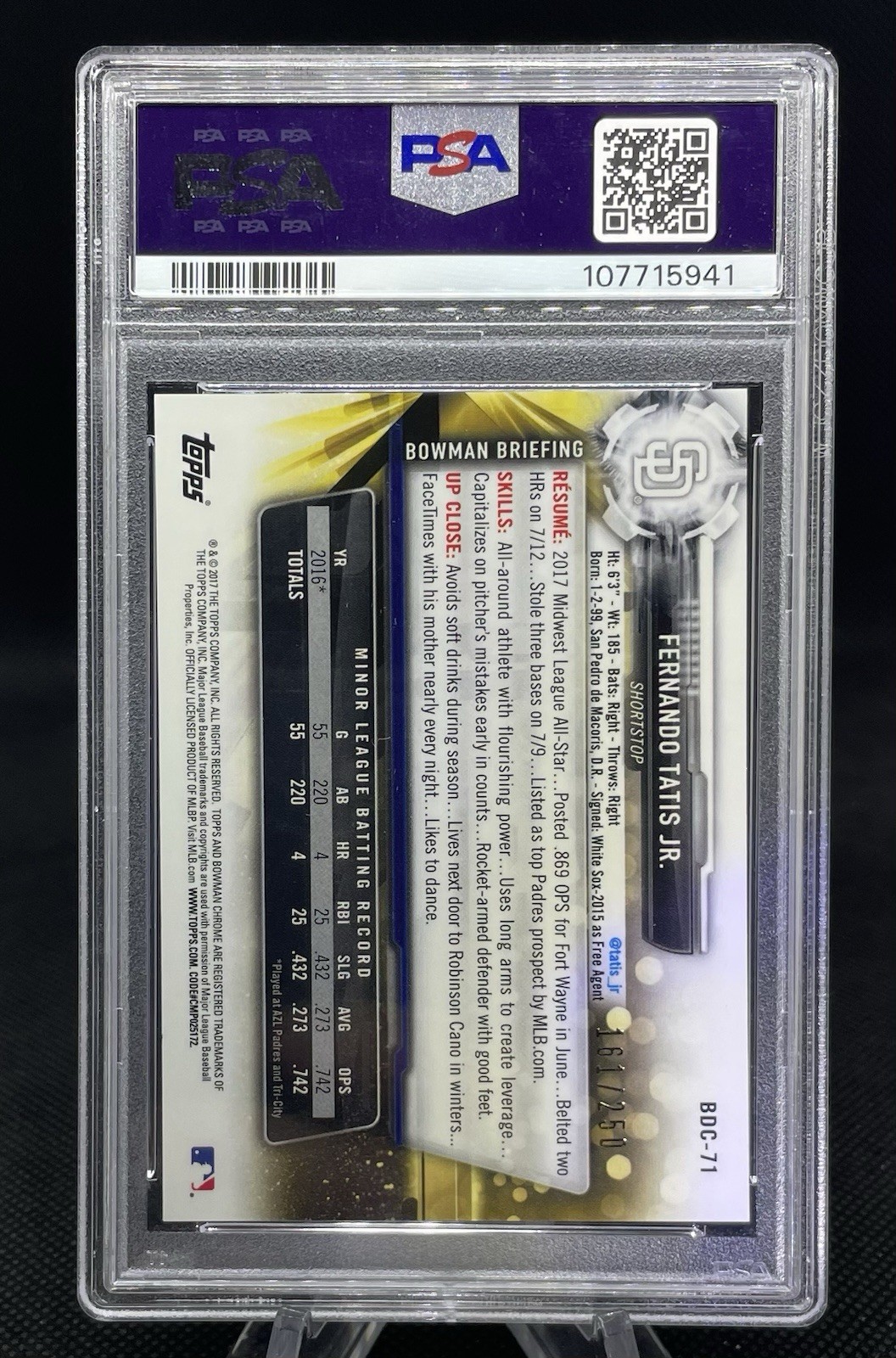 FERNANDO TATIS JR ROOKIE PURPLE REFRACTOR  #/250 2017 Bowman Draft 💎 PSA 10 view 5
