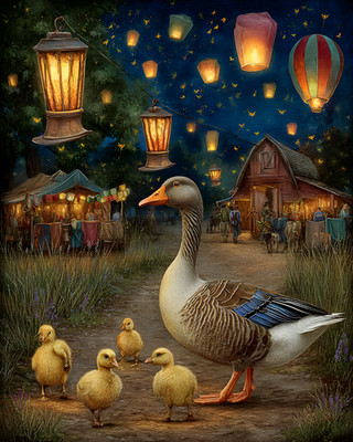8x10 Cozy Storybook Mother Duck and Her Two Chicks Art Print - 643228486
