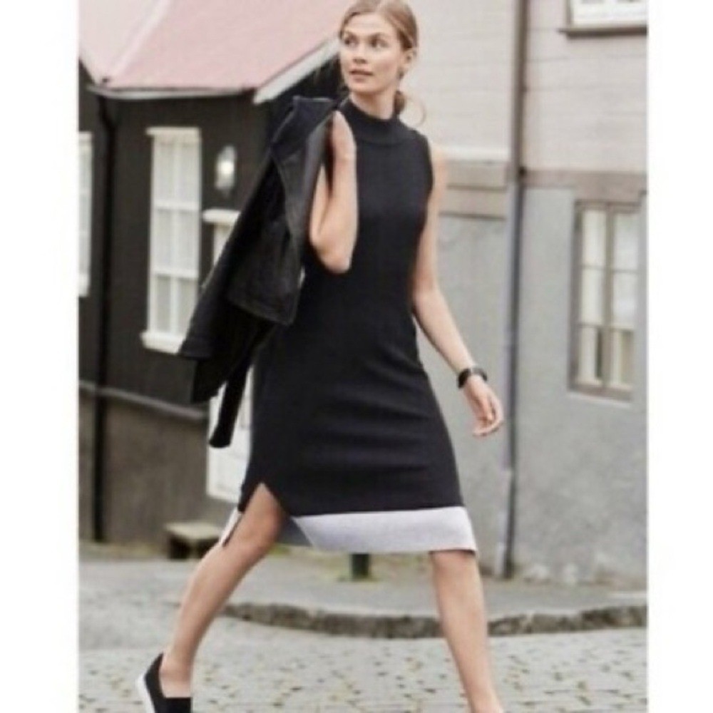 Athleta Mock Neck Sweater Dress XL Black Gray Ribbed Sleeveless Midi