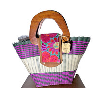 NWT Handmade Woven Tote Natural Fiber Wooden Handles  Leather Accents Huipil
