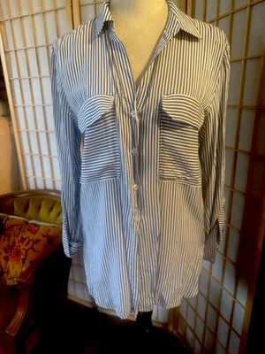 Maeve Blue White Striped Collared Button-Down Blouse Roll Tab Long Sleeve Small