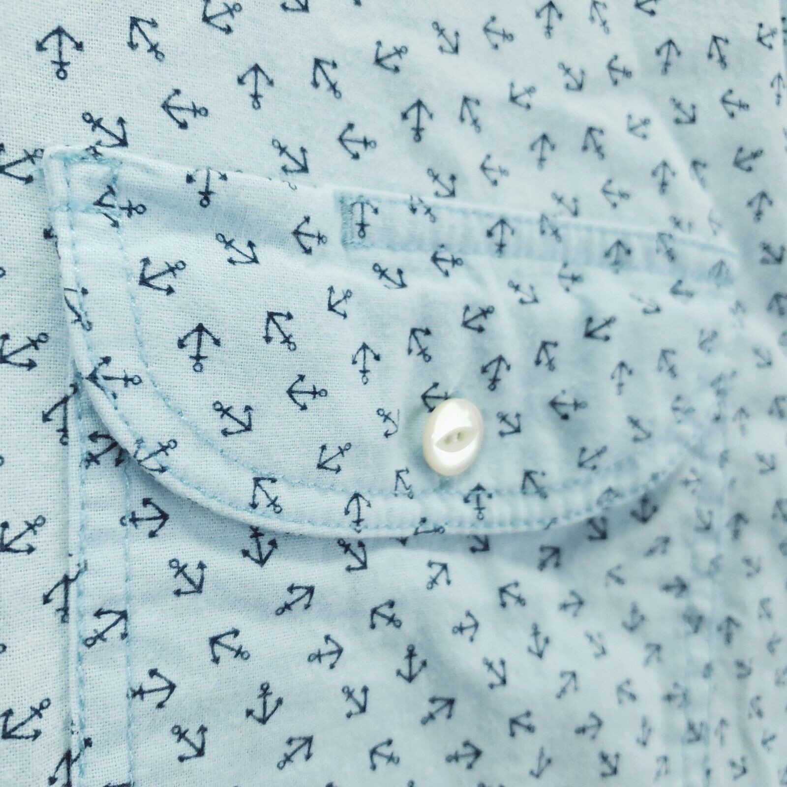 True Grit Shirt Mens Medium Aqua Blue Cotton Anchor Nautical Classic Button-Up