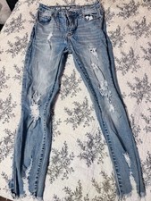 SONG Women's Skinny Jeans Blue Light Wash Distressed Mid Rise Denim 5-Pocket