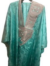 Luxury Aqua African Agbada Boubou Robe Embroidered Formal Menswear Kaftan