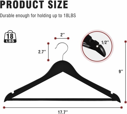 Solid Wooden Suit Hangers Black 10Pack Heavy Duty Coat Hangers with Non-Slip Bar - Picture 6 of 11