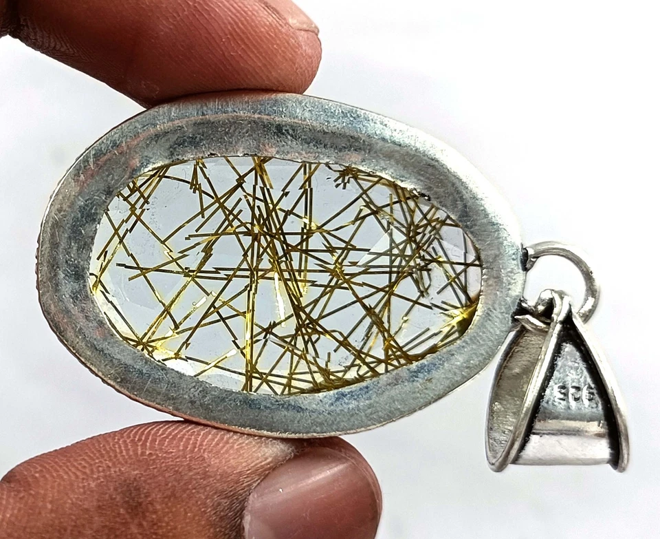 IGL 94.740Ct Amarillo Cuarzo Rutilado Corte Ovalado 925 Plata Sólida Colgante Gemas 5MSA Foto 2 de 4