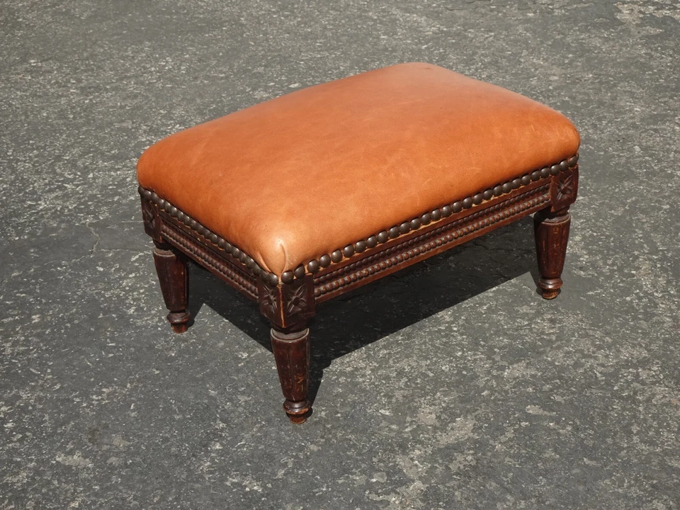 Vintage French Provincial Burnt Orange Leather Footstool - Image 4 of 4