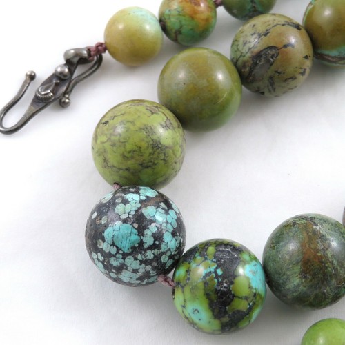 Collana Turchese Cinese Vintage Perline Graduate Hubei Chiusura Argento 222 Grammi - Foto 9 di 11