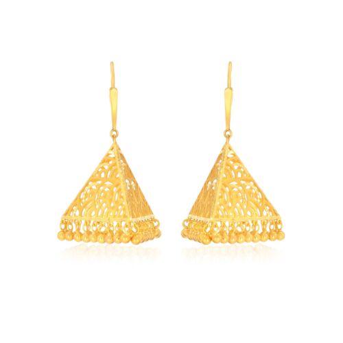 18K Pyramidal Sheen Gold Hook Jhumka Earrings By Senco Gold Gift For Her - Picture 1 of 6
