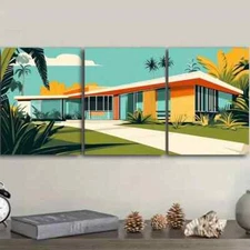 3pcs  Set Mid-Century Modern House Metal Print  Ready to Hang Art