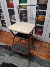 Vintage MCM Cosco Kitchen Step Chair Stool W/ Flip Up Seat White & Chrome Metal