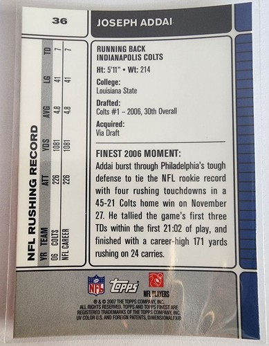 2007 Finest Joseph Addai Indianapolis Colts #36 - Picture 2 of 2