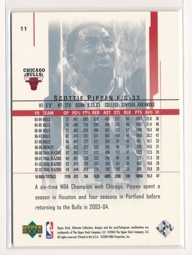 2003-2004 Upper Deck Ultimate Collection /750 Scottie Pippen #11 HOF Bulls NBA - Picture 2 of 2