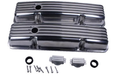 SBC Finned Polished Aluminum Short Valve Covers Fits SB Chevy 327 350 383 400