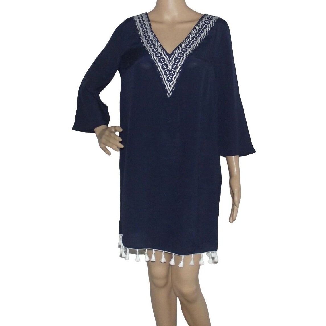 Kona Sol Navy Embroidered Tassel Trim Cover Up Dress Size Medium swim tunic  top
