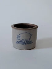 Vintage Miniature Salt Glaze Crock Blue Pig Accents 1 3/4"w×1 3/8"t