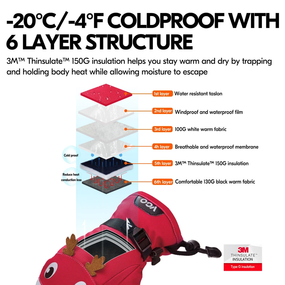 Vgo -20℃/-4°F or Above 3M Thinsulate Waterproof Ski/Snow Glove for Kids(SL2467FW - Image 2 of 4