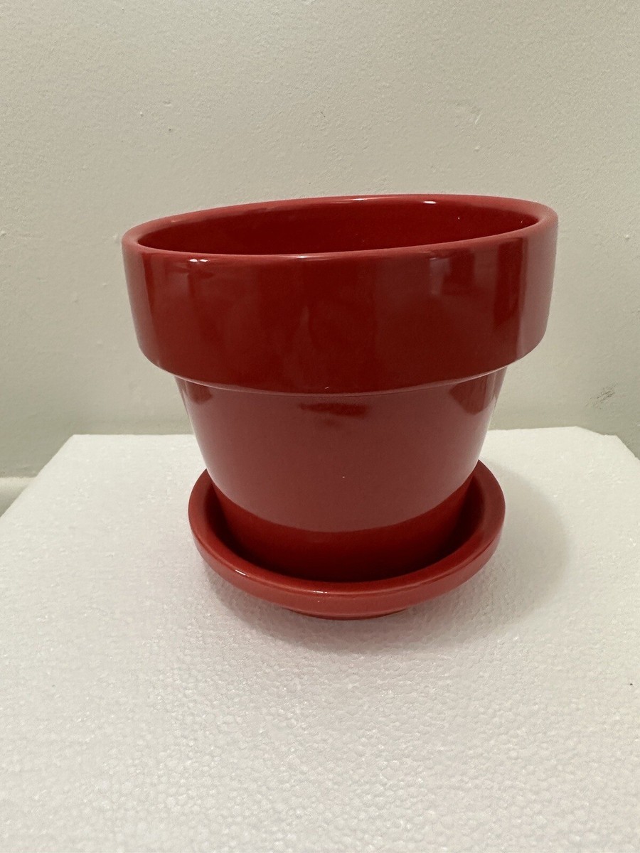 Glazed Small Ceramic Red Pot w/ Drainage Hole & Saucer (4 Pots Per