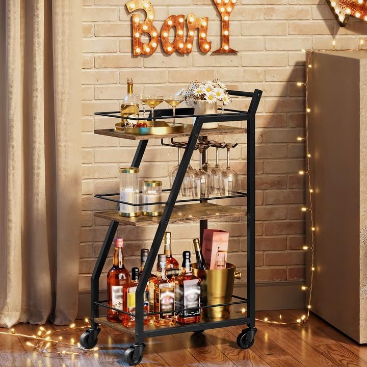 YATINEY Bar Cart, 3-Tier Home Bar Serving Cart with Wheels, Drink Cart ...