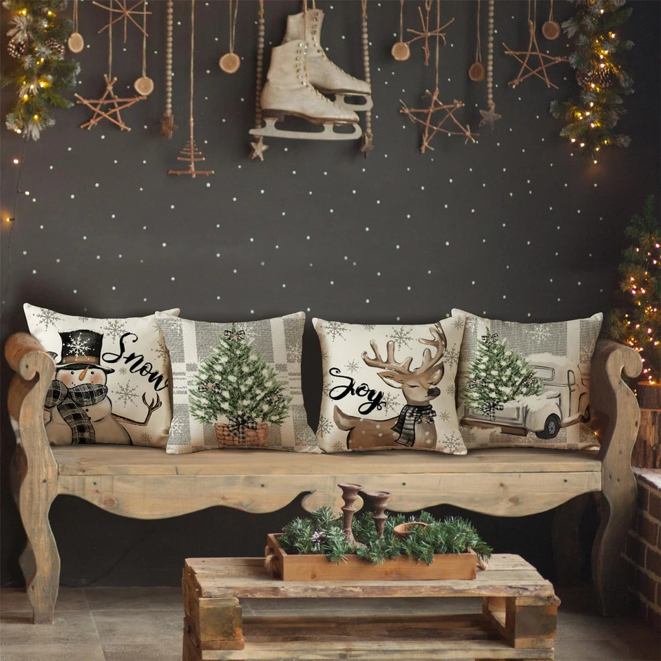 Christmas Snowman Reindeer Throw Pillow Covers Christmas Tree Truck Stripes - Image 2 of 4