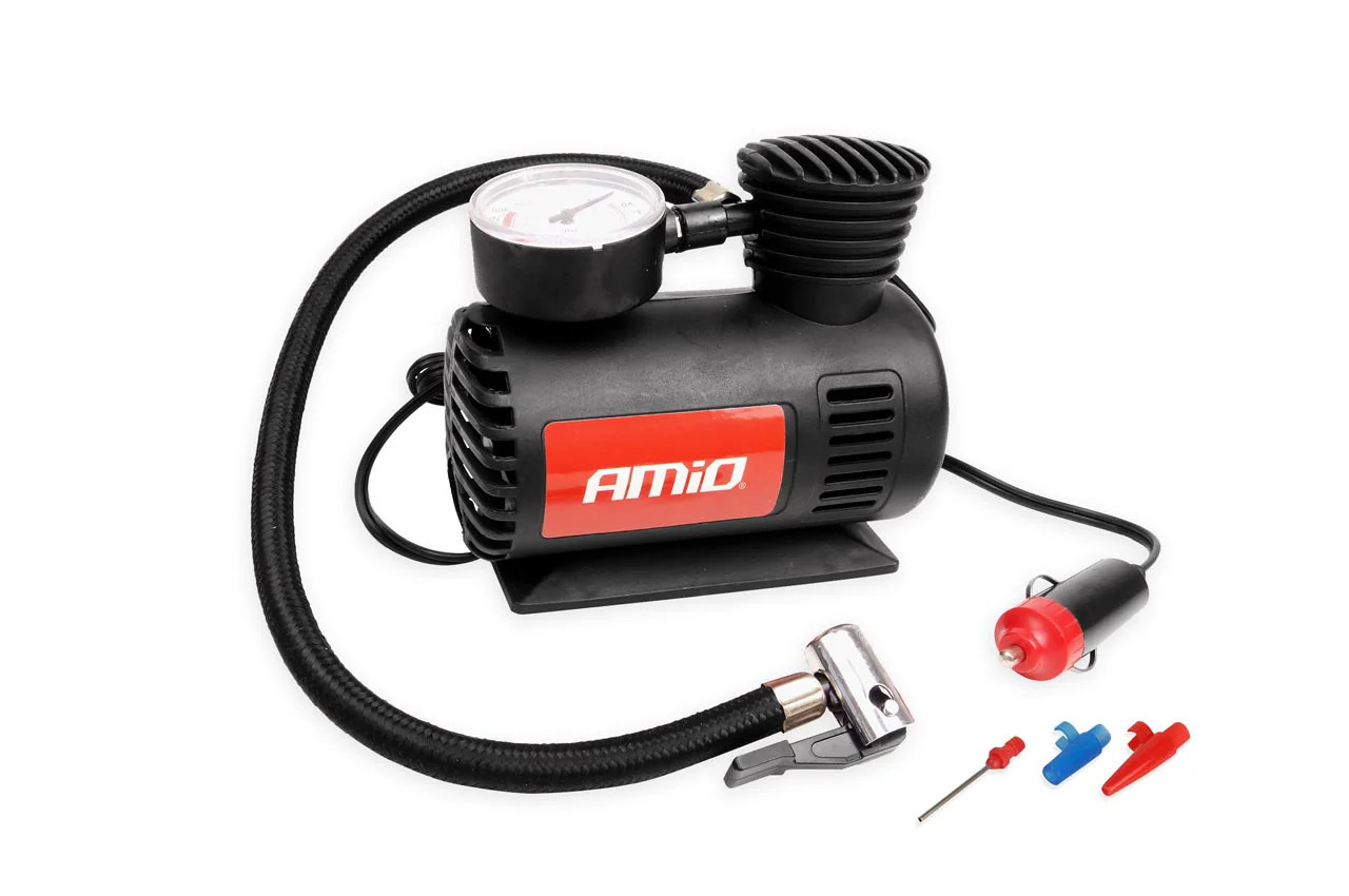 Gonfleur AMIO 12V avec manomètre intégré et kit embouts universels