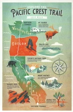 Pacific Crest Trail Map Washington to California Crater Lake etc Modern Postcard