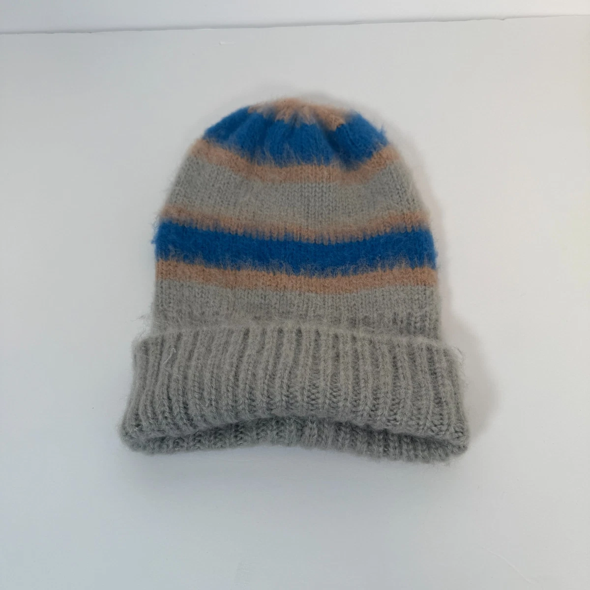 Free People Beanie Gray Striped Chunky Knit Acrylic Foldover 
