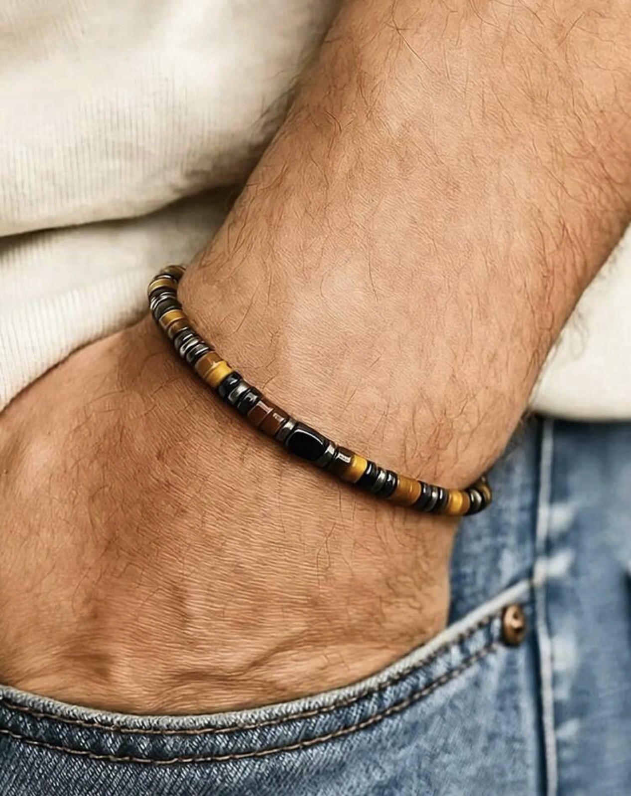 Bracelet en œil de tigre marron et hématite véritable pour homme et femme