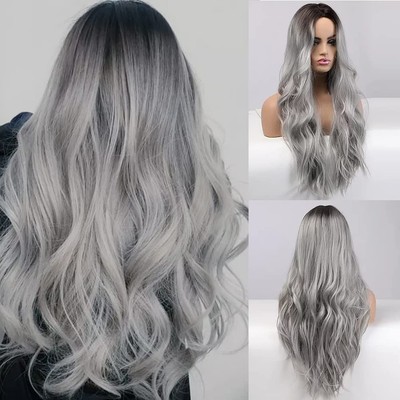 26 in Ombre Silver Gray Long Wavy Synthetic Wig with Dark Brown Roots