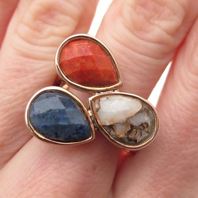 BARSE Gold Plated Real Natural Matrix Quartz Coral & Sodalite Ring Size 9