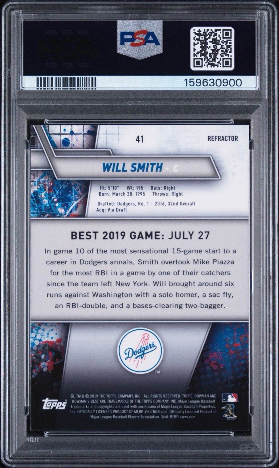 Will Smith 2019 Bowman’s Best Baseball Refractor RC PSA 10 Dodgers Rookie Card view 2