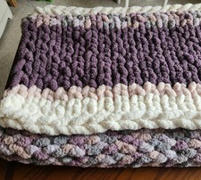 Handmade Chunky Knit Blanket/Throw - Purple, Dusty Pink, Vintage White and Multi