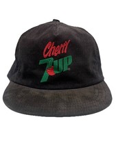 Cherry 7-Up Vintage 80s Black Corduroy Strap Back Hat USA Made Soda