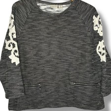 Chico's Top Women's 2 (L) Zenergy Crochet Laced Sleeve Black White Cotton Blend