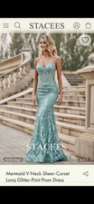 STACEES Mermaid V Neck Sheer-Corset Long Glitter Print Prom Dress Sz 2 Sage Grn