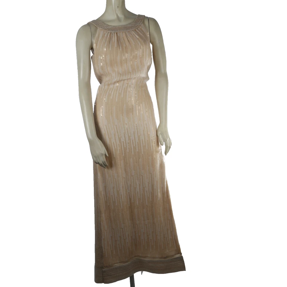 Maxi Vestido Chanel 2001 Vintage Beige Tweed Lentejuelas Adornado Sin Mangas 38 Foto 4 de 4