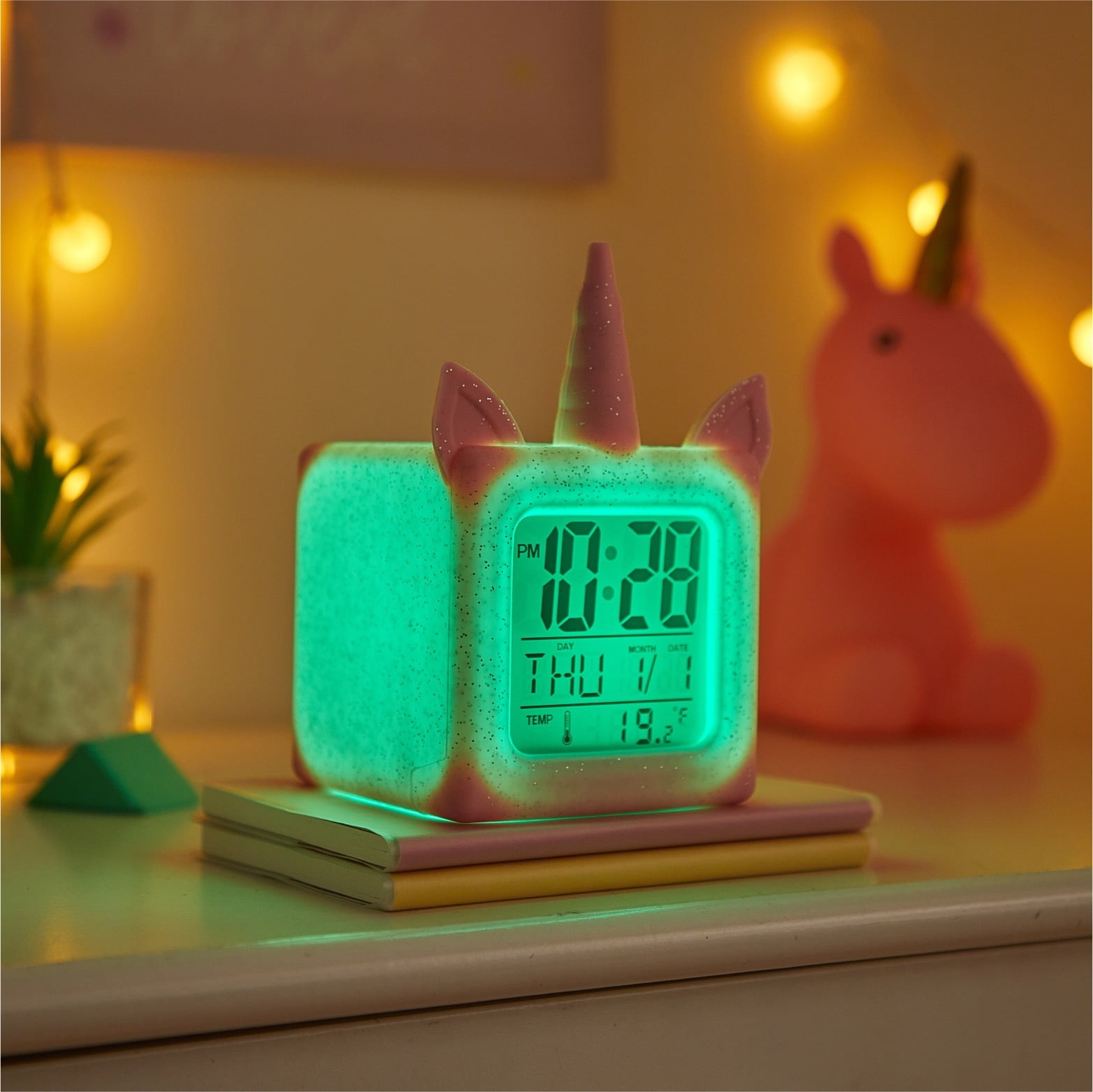 LED Color Changing Alarm Clock with Glitter Pink Unicorn Design for Kids Room