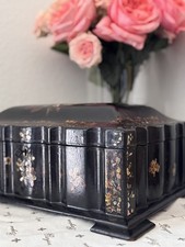 Antique 1800s French Victorian Lacquered Papier Mache Sewing Box MOP Inlay