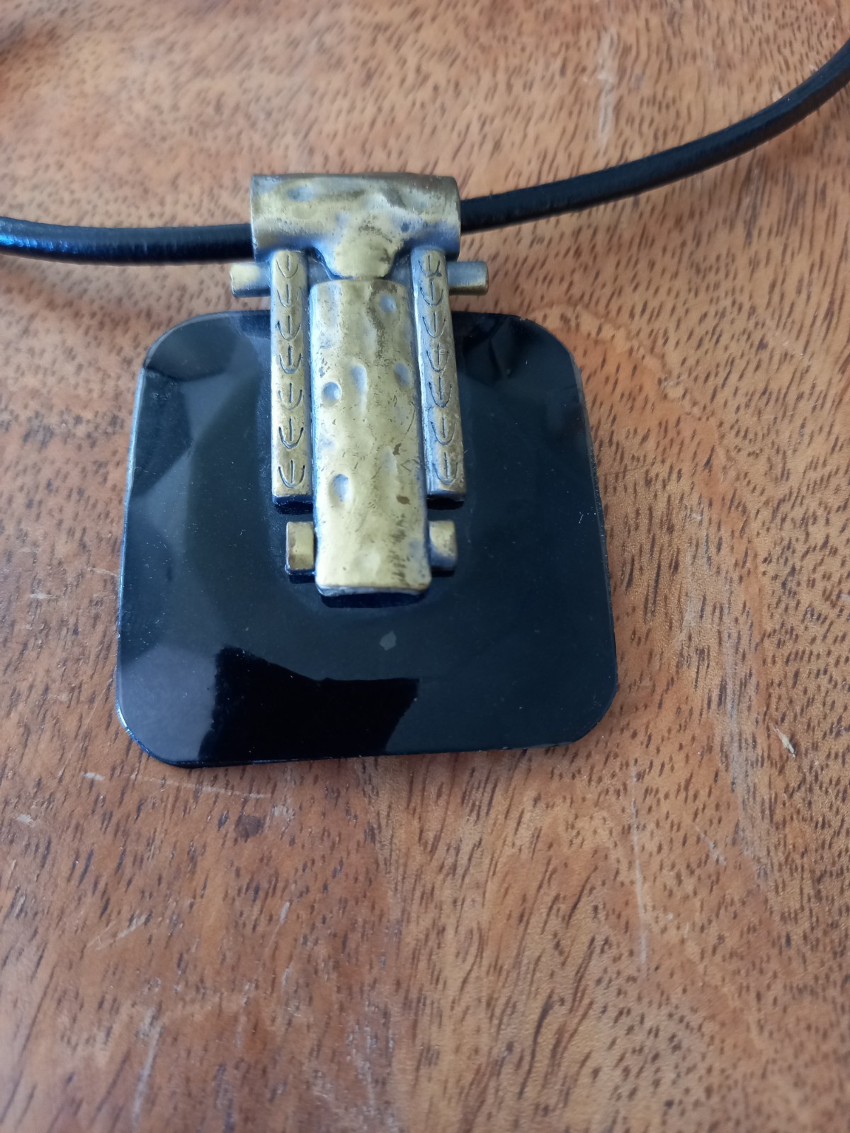 Solid Brass Black Resin Statement Necklace  Leath… - image 5