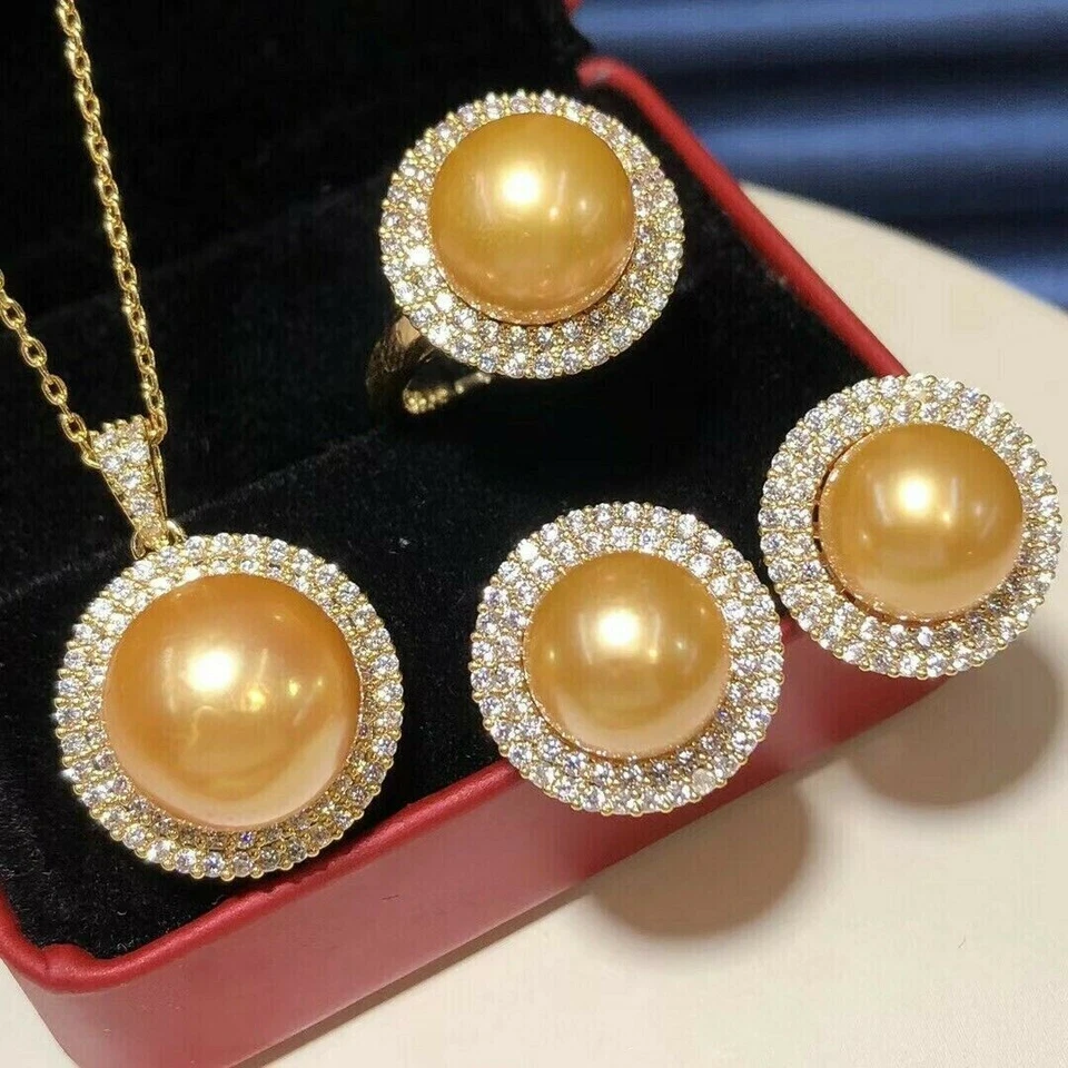 HUGE AAA 11-12mm south sea  Golden pearl ring earrings pendant 18inch - Image 2 of 4