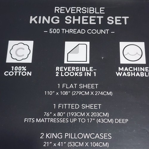 King Size 500 Thread Count Cotton Reversible Blue Sheet Set 4pc Two Looks in One - Picture 6 of 14