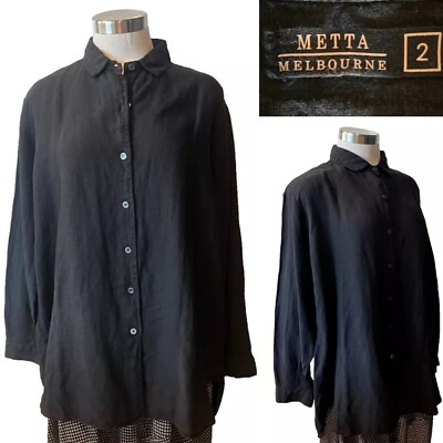 METTA Melbourne Black 100% Washed Linen Relaxed Shirt Size 2/ Large
