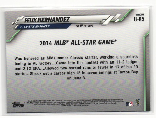 2020 Topps Chrome Update Sapphire Felix Hernandez All-Star Game U-85 - Picture 2 of 2